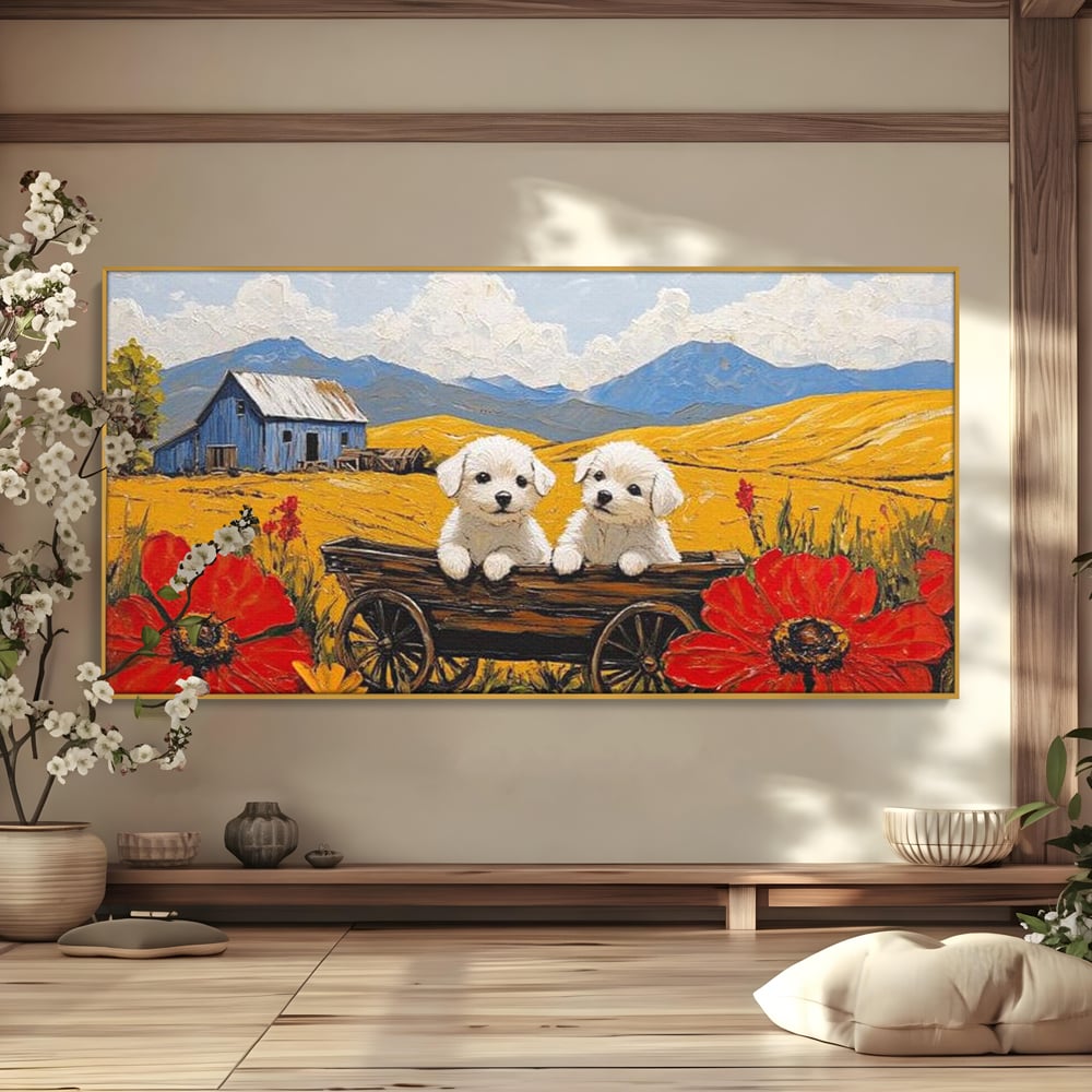 Tablou canvas cu tablou canvas cu catei in caruta si maci, in rama de aluminiu auriu